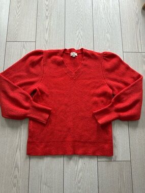 LOFT Red V-Neck Puff Sleeve Sweater